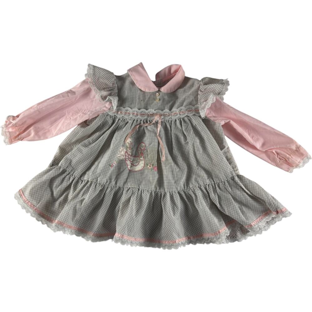 Vintage Easter Cottagecore Doll Dress Girls Long Sleeve Gray Embroidered Ducks